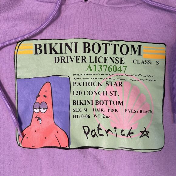 Spongebob Squarepants Patrick Star Hoodie Black Bikini Bottom Drivers License S - Picture 2 of 7